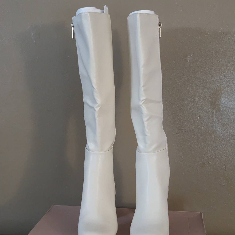 Ivory tall boots with block heels. Size 8.5